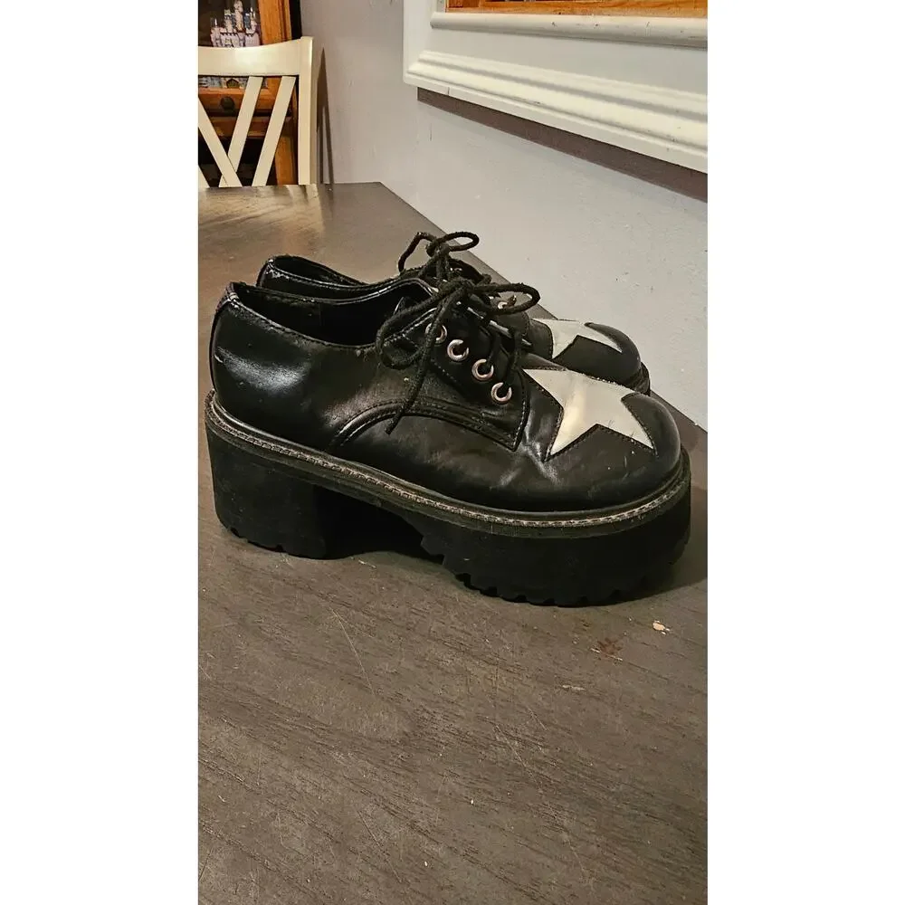 Morbid Threads Black Star Platform Shoes Womens‎ size 5Y VTG 90's Goth Punk